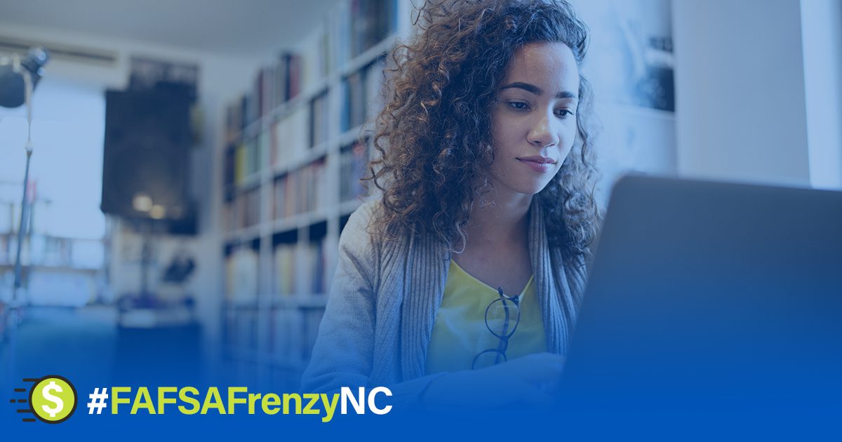 Woman types at computer. FAFSA Frenzy logo underneath